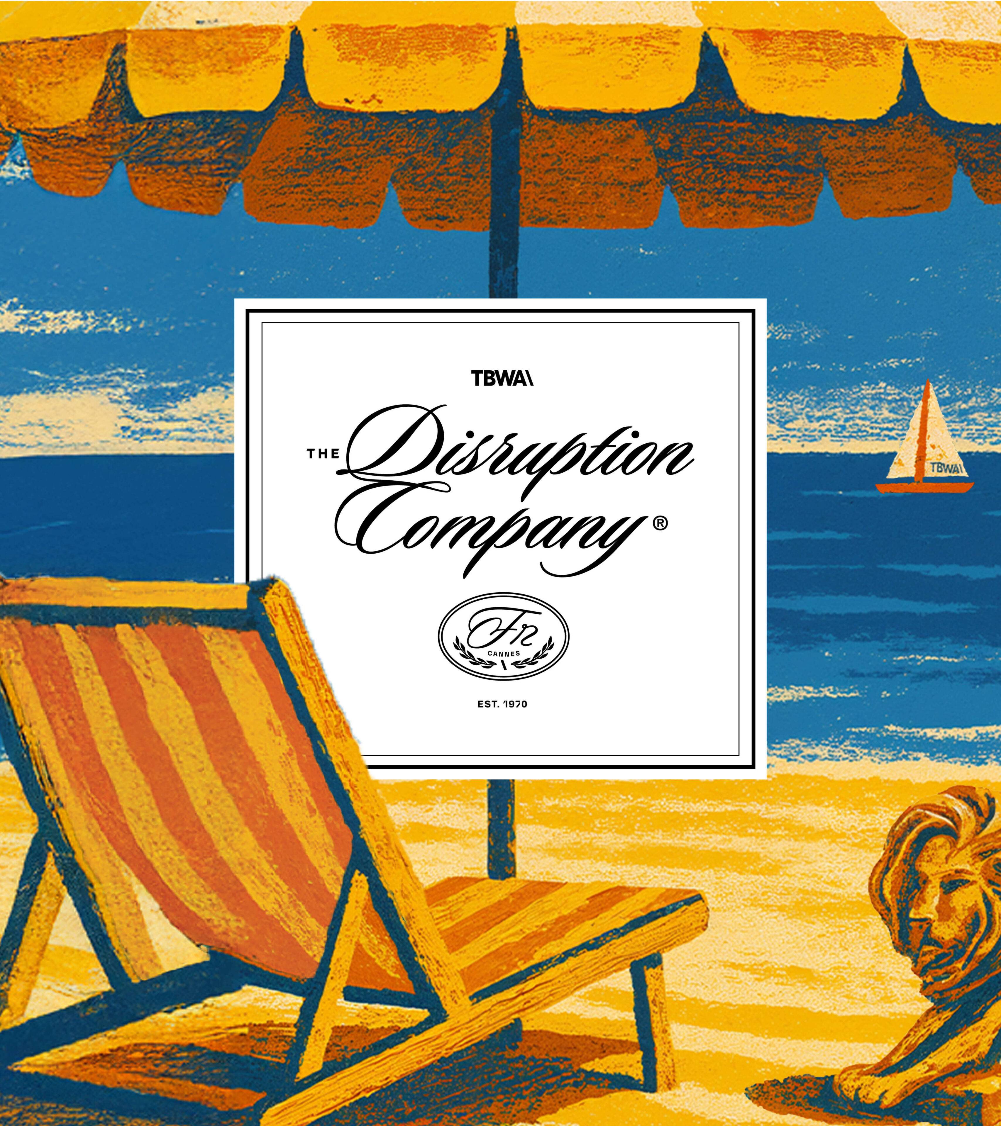Beachfront illustration with a poster for TBWA\Cannes event
